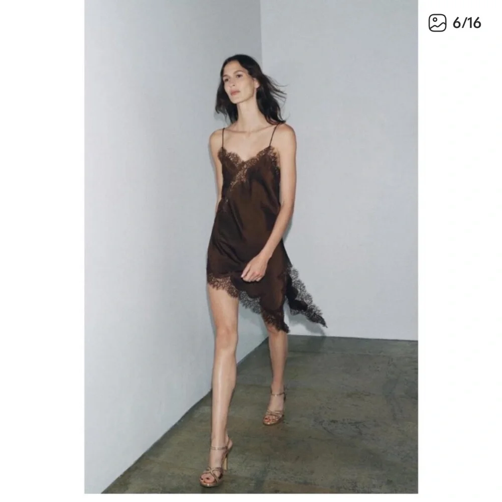 ZARA BROWN SATIN ASYMMETRICAL DRESS (S) BNWT - Picture 5 of 5